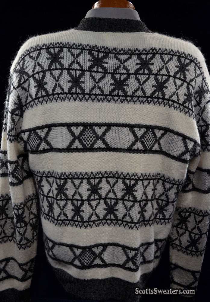 White men's retro zipper-front faux-mohair cardigan sweater with black geodesic design by Campus