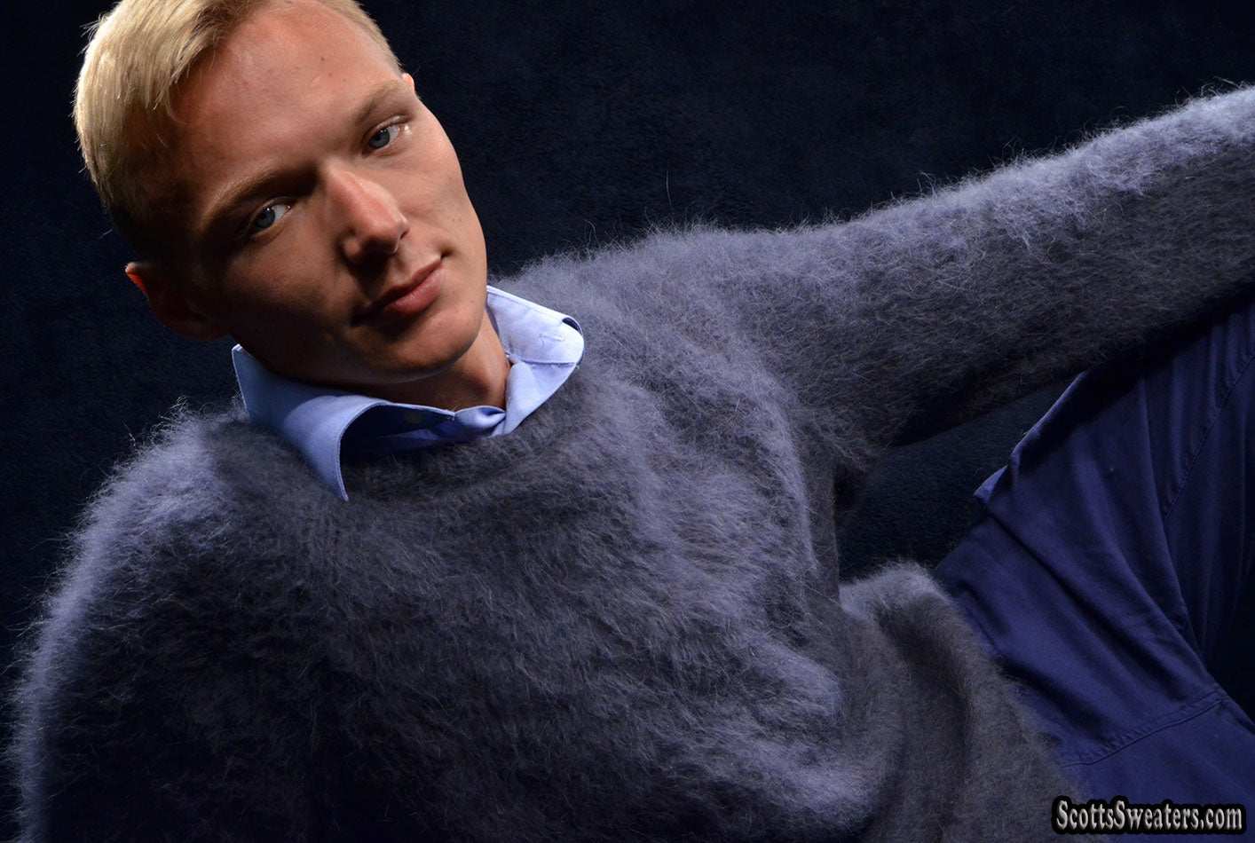Charcoal-grey men's handknit luxurious crewneck angora sweater made from 85% angora and 15% nylon fibers