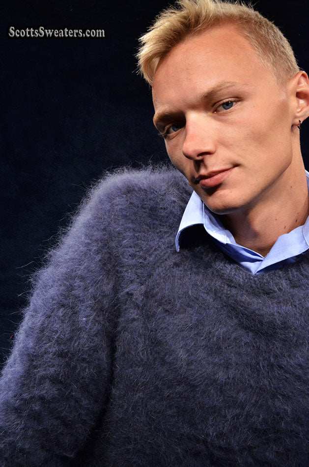 Charcoal-grey men's handknit luxurious crewneck angora sweater made with 85% angora and 15% nylon fibers.