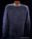 Charcoal-grey men's handknit luxurious crewneck sweater made from 85% angora and 15% nylon fibers.