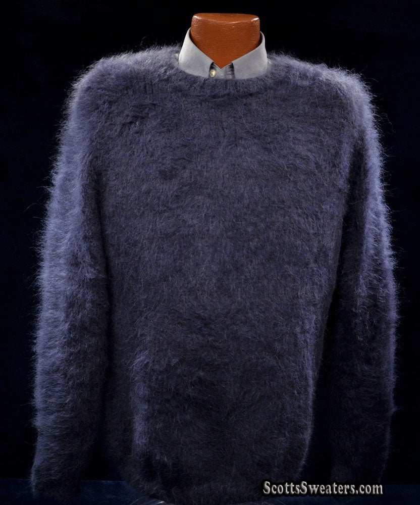 Charcoal-grey men's handknit luxurious crewneck sweater made from 85% angora and 15% nylon fibers.