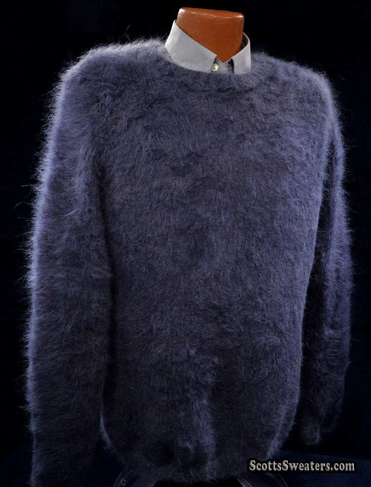 Men's handknit luxurious charcoal-grey angora crewneck sweater, size large, 85% angora fiber