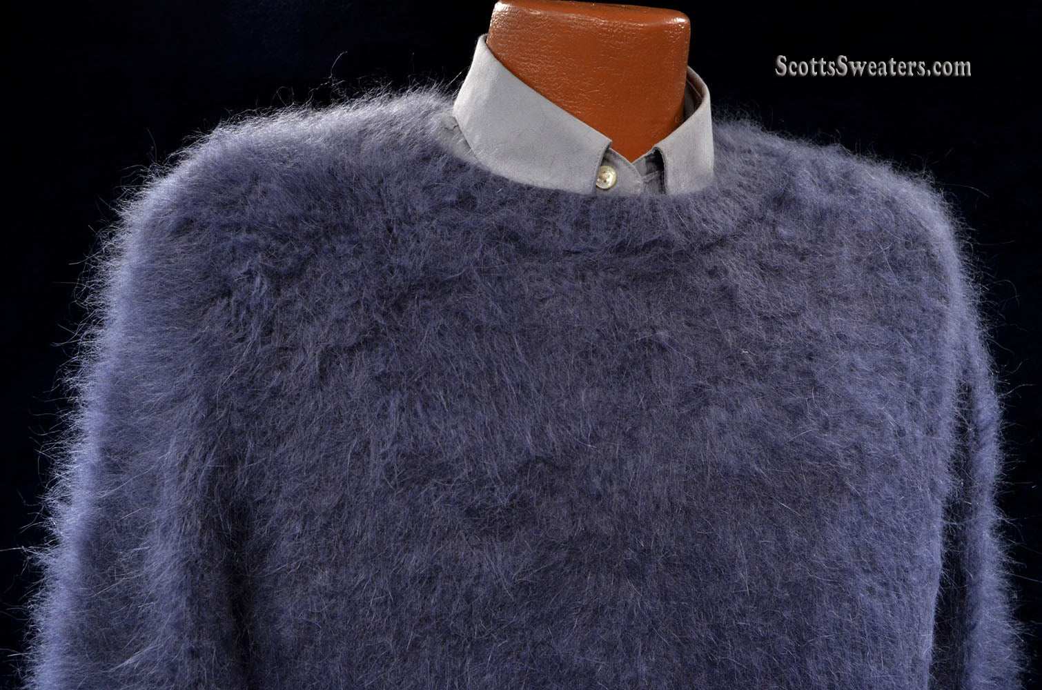 Charcoal-grey men's handknit luxurious crewneck angora sweater, size large, 85% angora, 15% nylon, ready to ship in USA