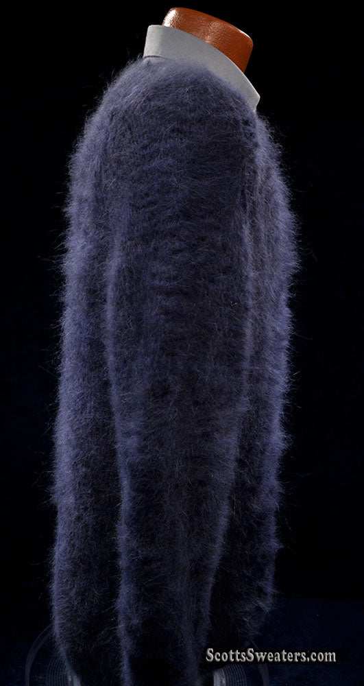 Charcoal-grey men's handknit luxurious crewneck angora sweater, large size, 85% angora fiber
