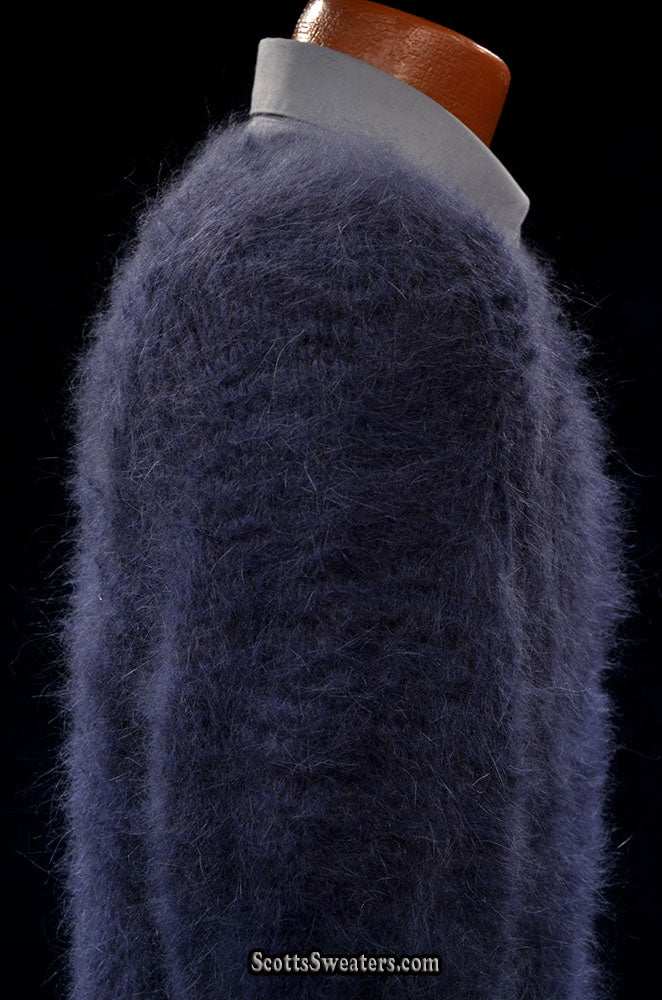 Charcoal-grey men's handknit luxurious crewneck angora sweater in large size