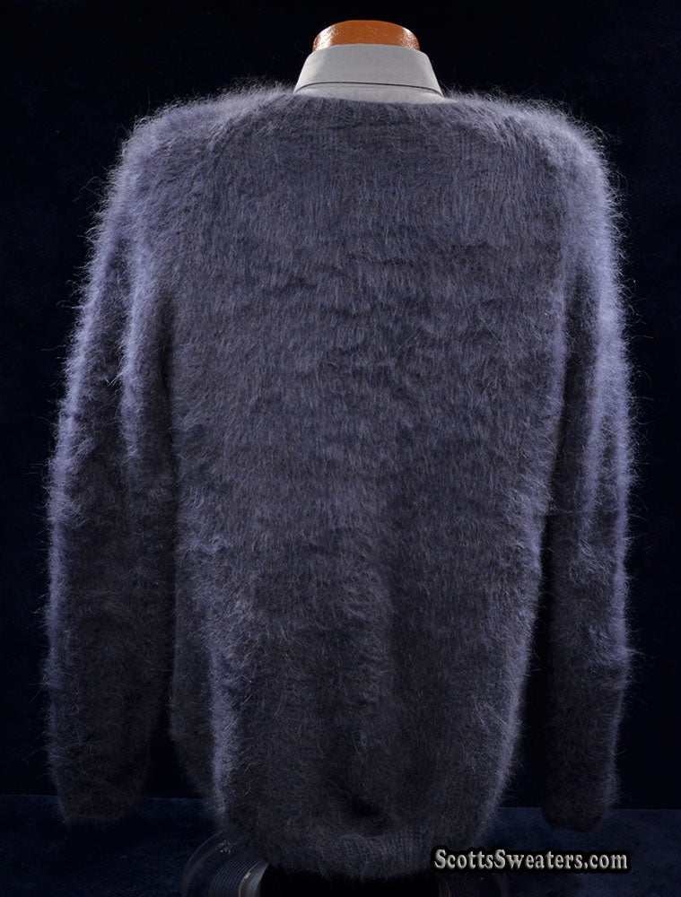 Charcoal-grey men's handknit luxurious crewneck sweater made of 85% angora and 15% nylon fibers