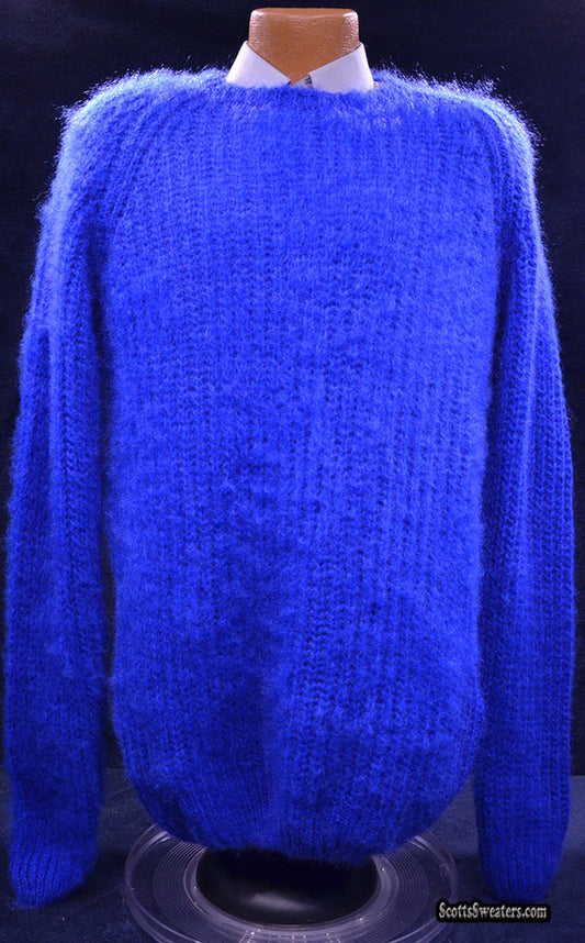 Men's Electric-blue Hand-knit Crewneck Mohair Sweater