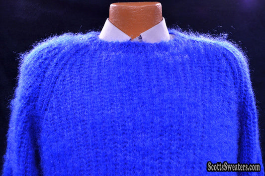 Men's Electric-blue Hand-knit Crewneck Mohair Sweater