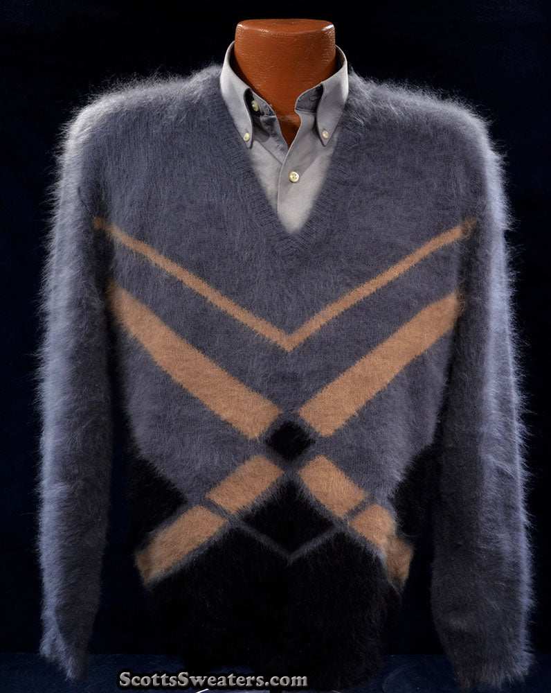 Charcoal-grey men's ultra-soft angora sweater, hand-knit crewneck, size small-medium, 85% angora, 15% nylon, ready to ship in USA