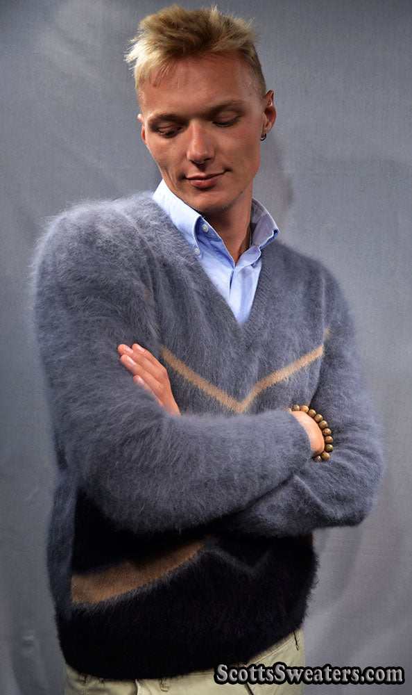 Charcoal-grey men's ultra-soft angora sweater, hand-knit crewneck, small size, 85% angora, 15% nylon.