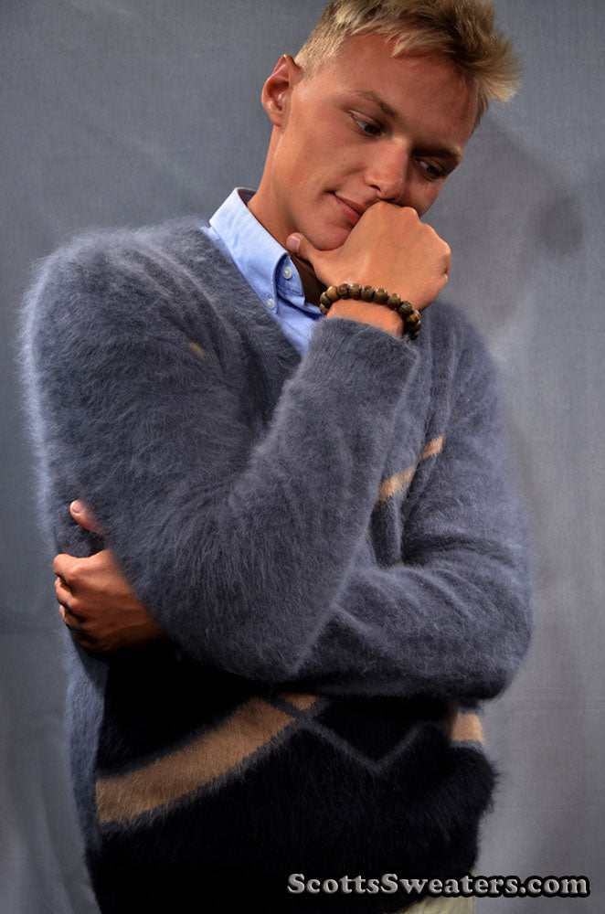 Charcoal-grey men's ultra-soft angora sweater hand-knit with 85% angora and 15% nylon fibers