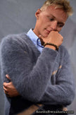 Charcoal-grey men's ultra-soft angora sweater hand-knit with 85% angora and 15% nylon fibers.
