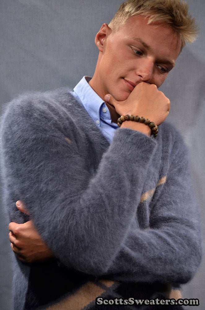 Charcoal-grey men's ultra-soft angora sweater hand-knit with 85% angora and 15% nylon fibers.
