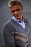 Charcoal-grey men's ultra-soft angora sweater, hand-knit crewneck with 85% angora fiber, small/medium size.