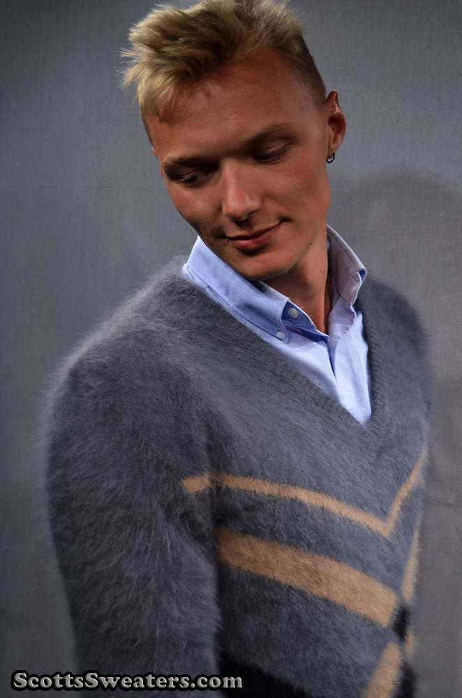 Charcoal-grey men's ultra-soft angora sweater, hand-knit crewneck with 85% angora fiber, small/medium size.