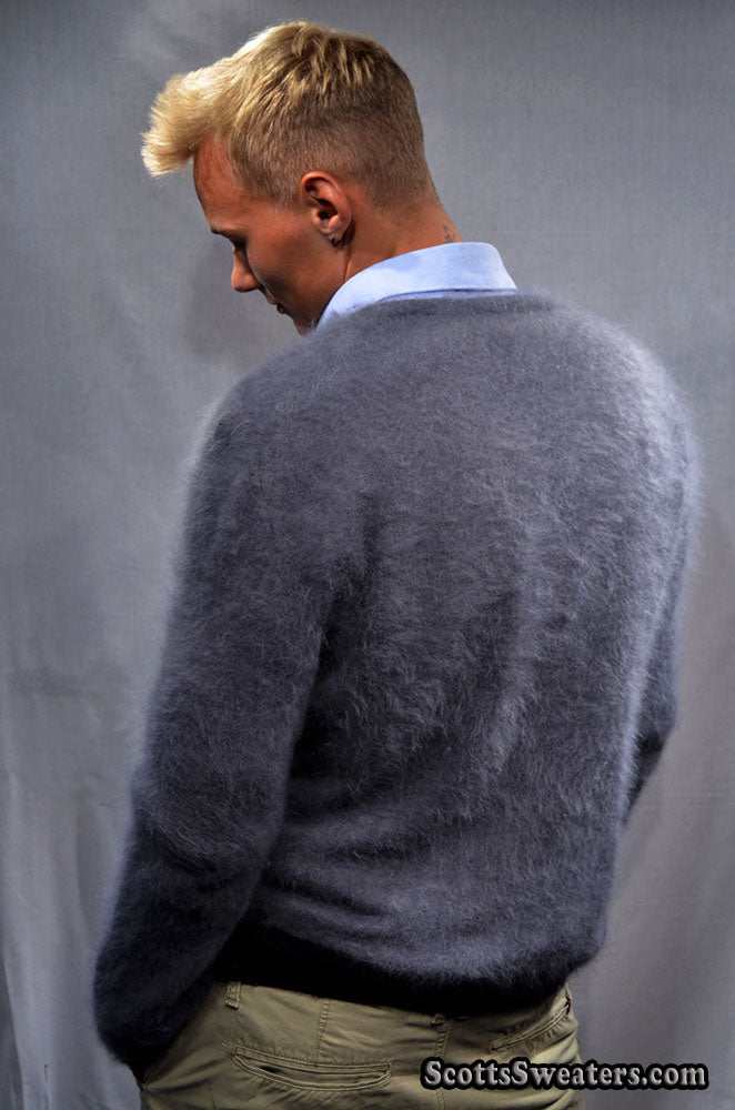 Charcoal-grey men's ultra-soft angora sweater hand-knit from 85% angora 15% nylon fibers