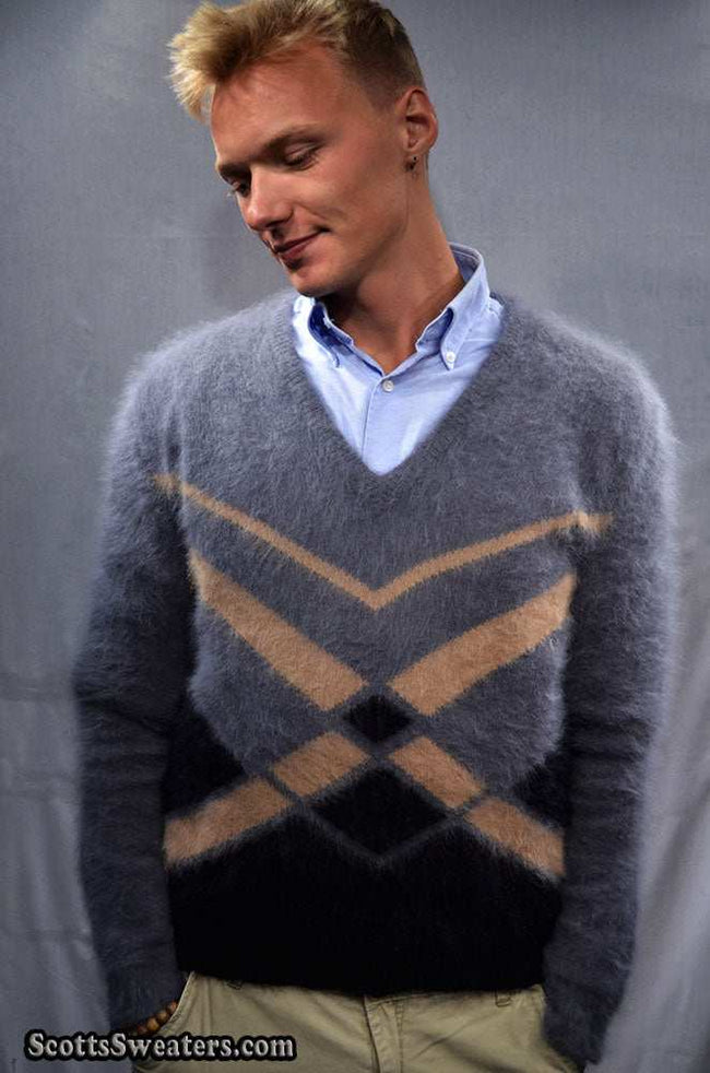 Charcoal-grey men's ultra-soft angora sweater hand-knit with 85% angora and 15% nylon fibers