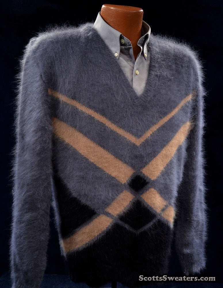 Charcoal-grey men's ultra-soft angora sweater hand-knit with 85% angora and 15% nylon fibers