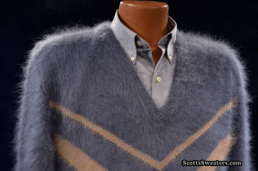 Charcoal-grey men's ultra-soft angora crewneck sweater, hand-knit with 85% angora and 15% nylon, size small-medium, ready to ship in USA