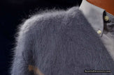 Charcoal-grey men's ultra-soft angora sweater, hand-knit, crewneck, size small to medium, 85% angora fiber.