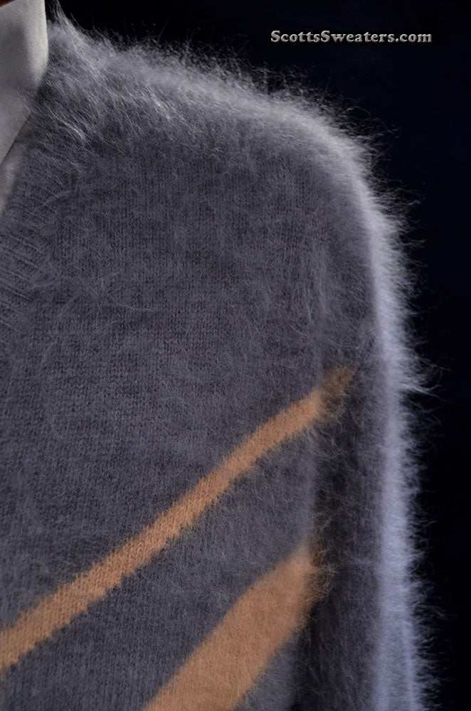 Charcoal-grey men's ultra-soft angora sweater hand-knit from 85% angora and 15% nylon fibers