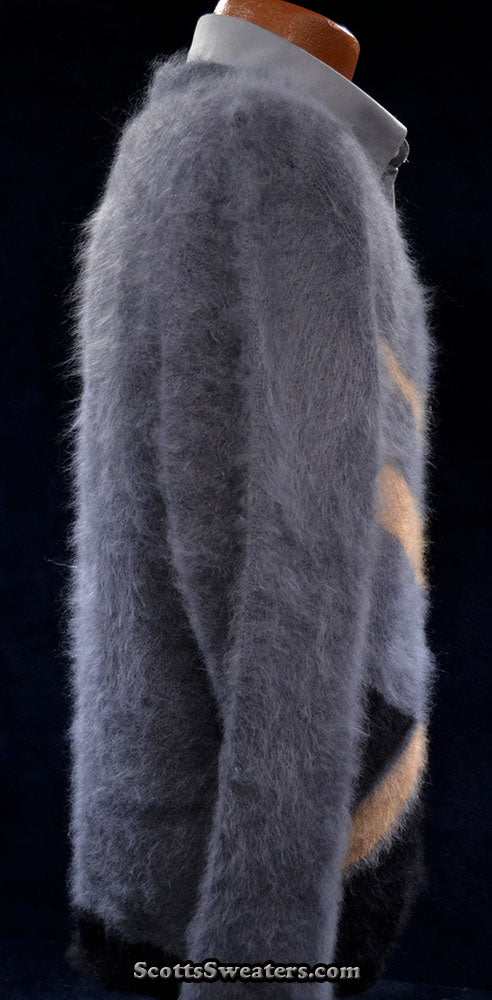 Men's ultra-soft charcoal-grey angora crewneck sweater hand-knit with 85% angora and 15% nylon fibers