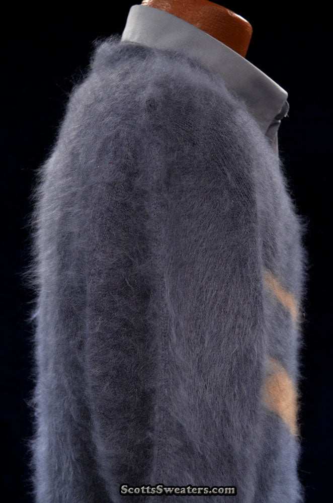 Charcoal-grey men's ultra-soft angora sweater crewneck, hand-knit from 85% angora and 15% nylon fibers
