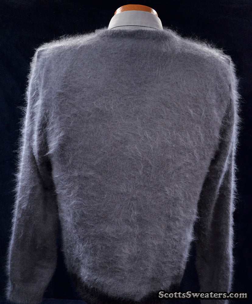 Charcoal-grey men's ultra-soft angora sweater hand-knit with 85% angora fiber and 15% nylon, crewneck style
