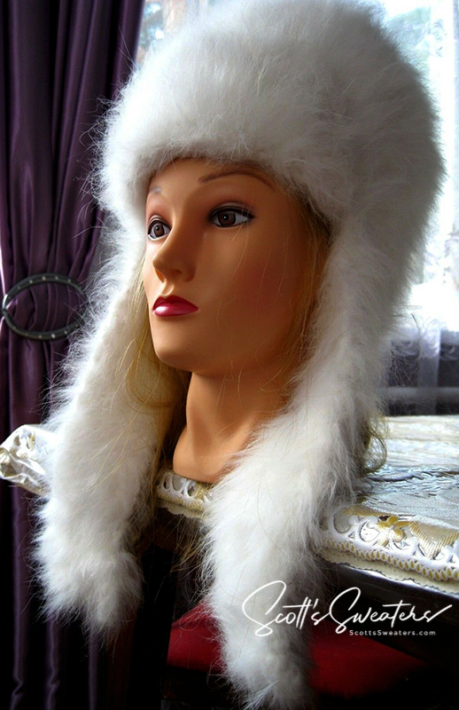 Hand-knit Siberian woman’s white Angora Ushanka hat with ear flaps made from 100% Siberian Angora wool