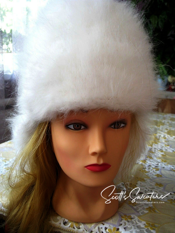Hand-knit Siberian Woman's White Angora Ushanka Hat made from 100% Siberian angora yarn with traditional ear flaps