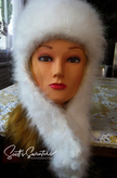 Hand-knit Siberian Woman's White Angora Ushanka Hat with ear flaps and sewn top-flap made from 100% Siberian angora yarn