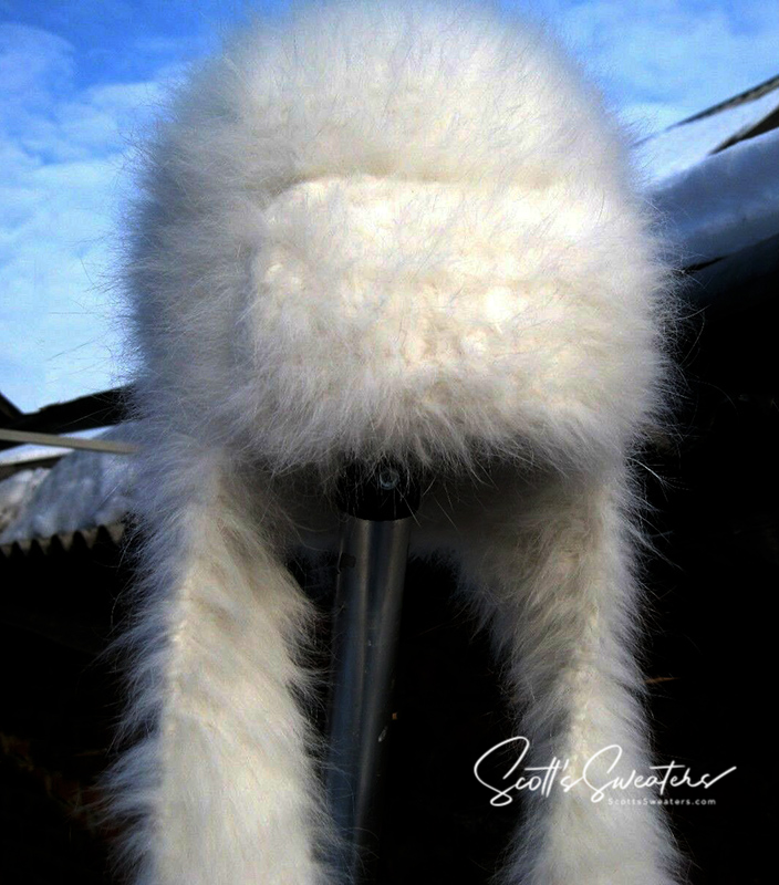Siberian woman's white Angora Ushanka hat hand-knit from 100% Siberian angora with traditional ear and forehead flaps