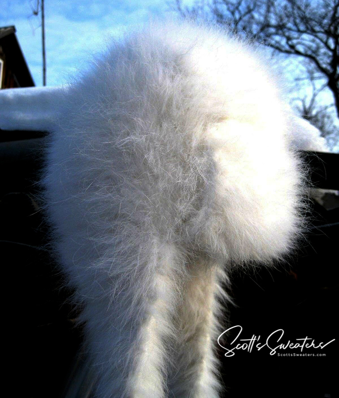 Hand-knit Siberian Woman's White Angora Ushanka Hat with traditional top-flap and ear-covering side flaps