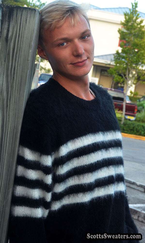 Men's Crewneck Sweater Black with white stripes