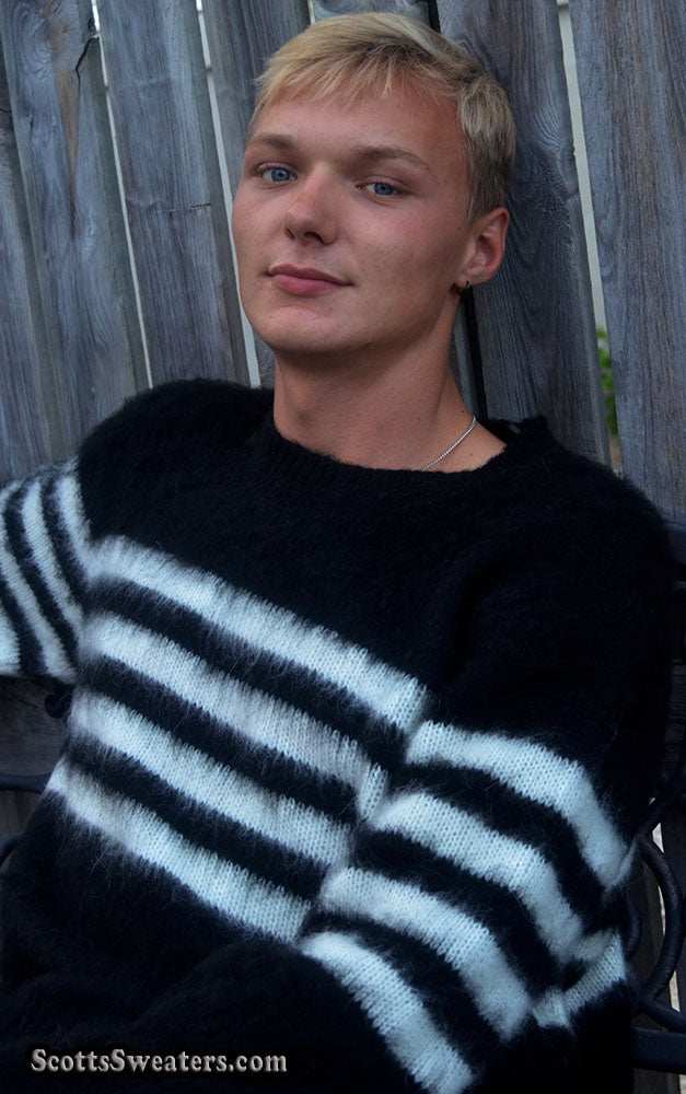Men's Crewneck Sweater Black with white stripes