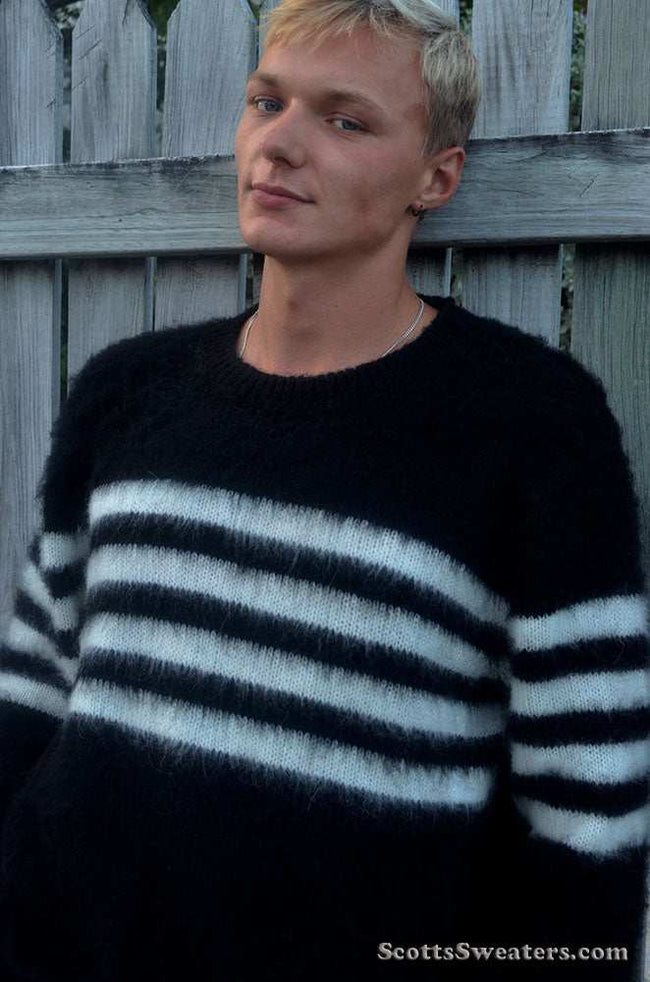 Men's Crewneck Sweater Black with white stripes
