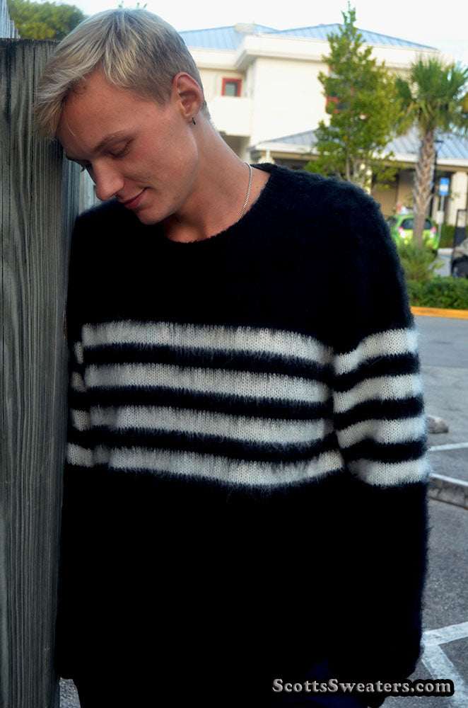 Men's Crewneck Sweater Black with white stripes