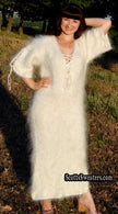 Ivory fuzzy mohair full-length sweaterdress with open-lace neckline and half sleeves