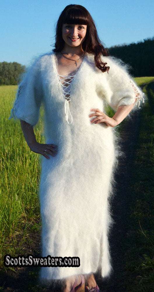 Ivory fuzzy mohair full-length sweaterdress with open-lace neckline and half sleeves by Scott's Sweaters