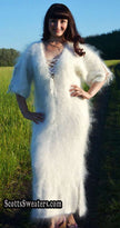Ivory fuzzy mohair full-length sweaterdress with open-lace neckline and half sleeves by Scott's Sweaters