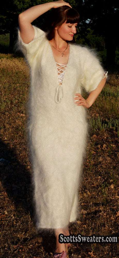 Ivory fuzzy mohair full-length sweaterdress with open-lace neckline and half sleeves by Scott's Sweaters