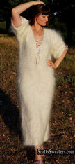 Ivory fuzzy mohair full-length sweaterdress with open-lace neckline and half sleeves by Scott's Sweaters