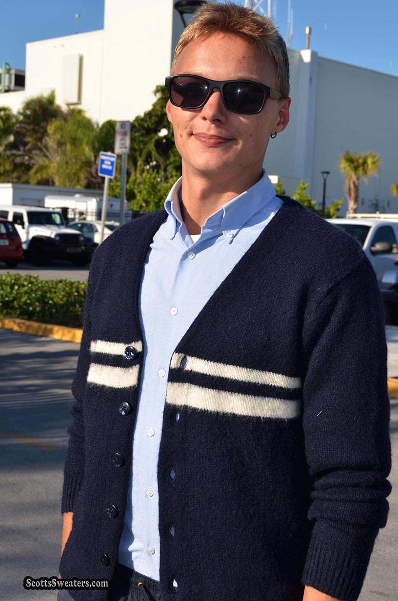 Men's navy blue mohair cardigan sweater with horizontal stripes by GANT Rugger
