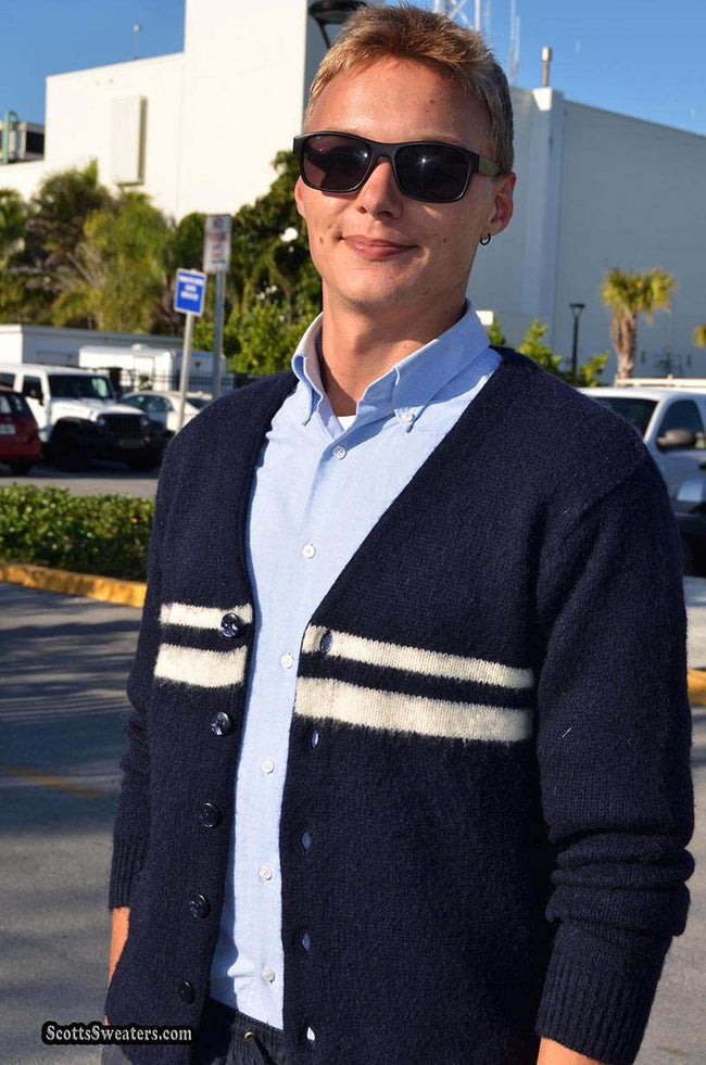 Men's navy blue mohair cardigan sweater with horizontal stripes by GANT Rugger