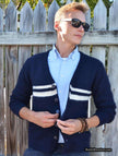 Men's navy blue mohair cardigan sweater with white horizontal stripes by Gant Rugger