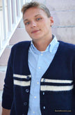 Men wearing navy blue mohair cardigan sweater with white horizontal stripes by GANT Rugger