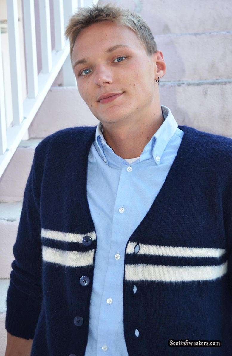 Men wearing navy blue mohair cardigan sweater with white horizontal stripes by GANT Rugger