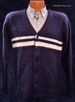 Navy blue mohair cardigan sweater with white horizontal stripes by Gant Rugger on mannequin