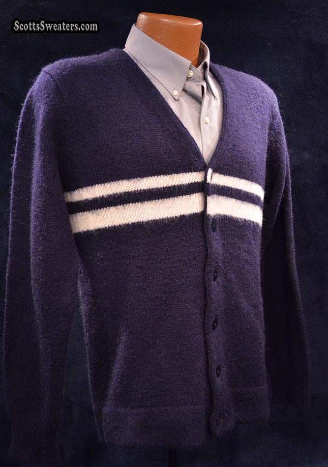Navy blue men's cardigan mohair sweater with white horizontal stripes by GANT Rugger