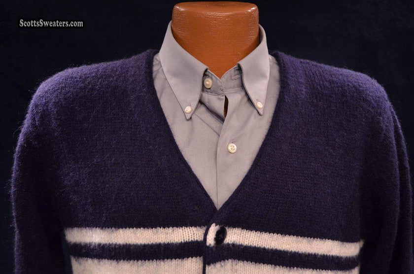 Navy blue men's cardigan mohair sweater with horizontal white stripes by Gant Rugger